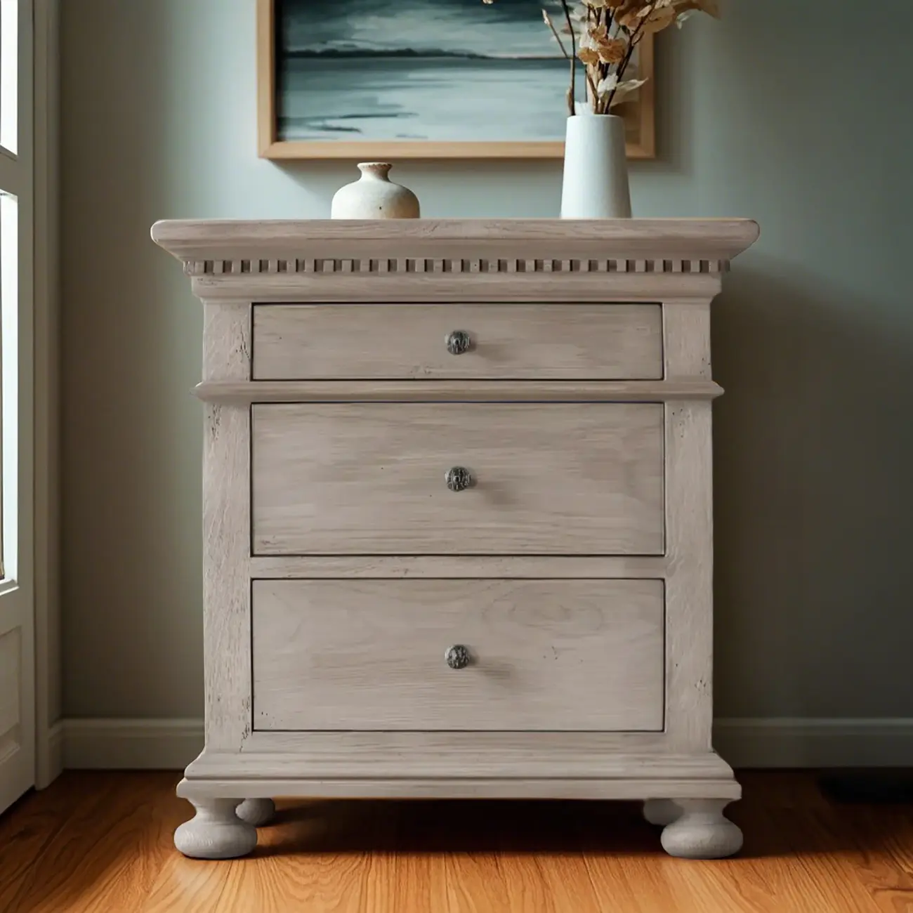 Traditional Grey Wooden Bedside Table with 3 Drawers Storage Image - 2 | homeyfad