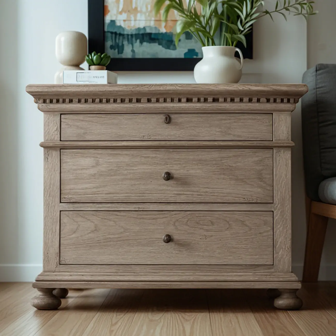 Traditional Grey Wooden Bedside Table with 3 Drawers Storage Image - 1 | homeyfad