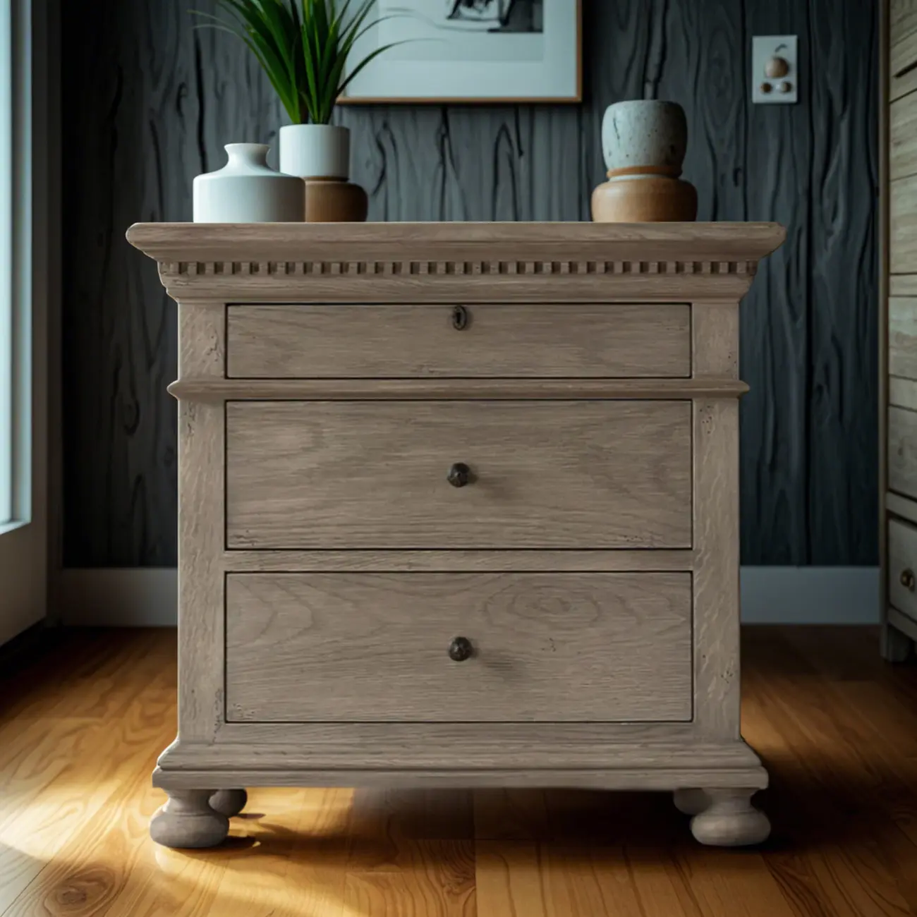 Traditional Grey Wooden Bedside Table with 3 Drawers Storage Image - 3 | homeyfad