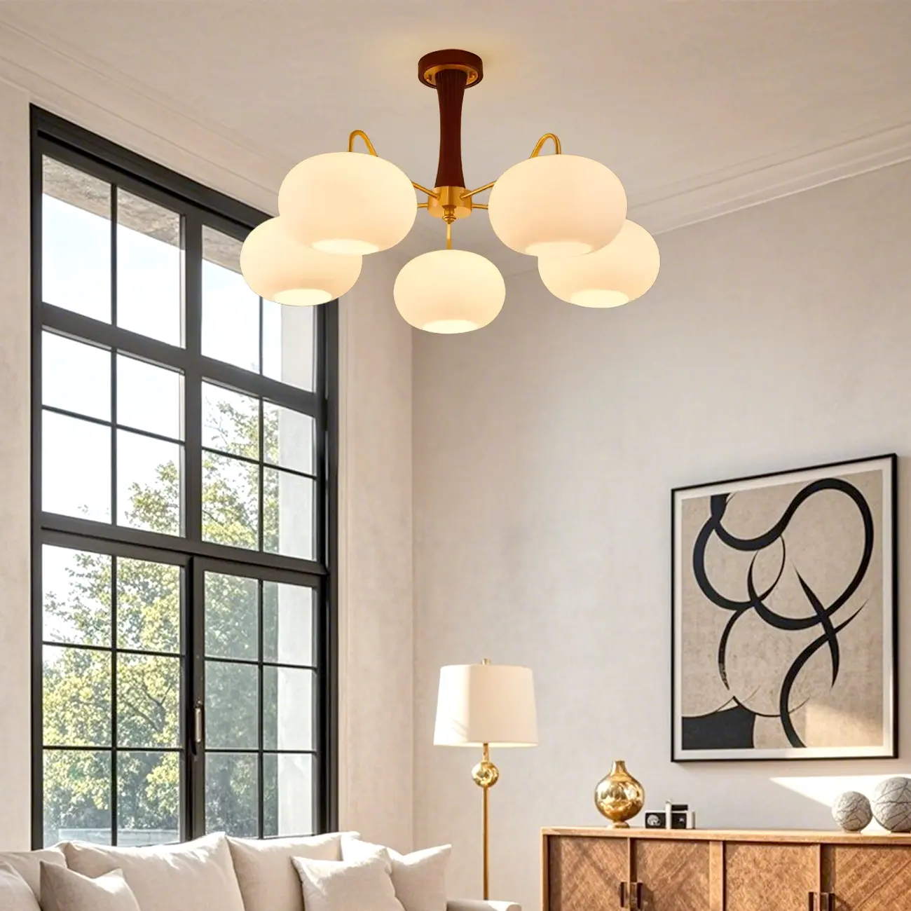 Wooden Semi Flush Mount Light White Glass Drum Shade Image - 1 | homeyfad