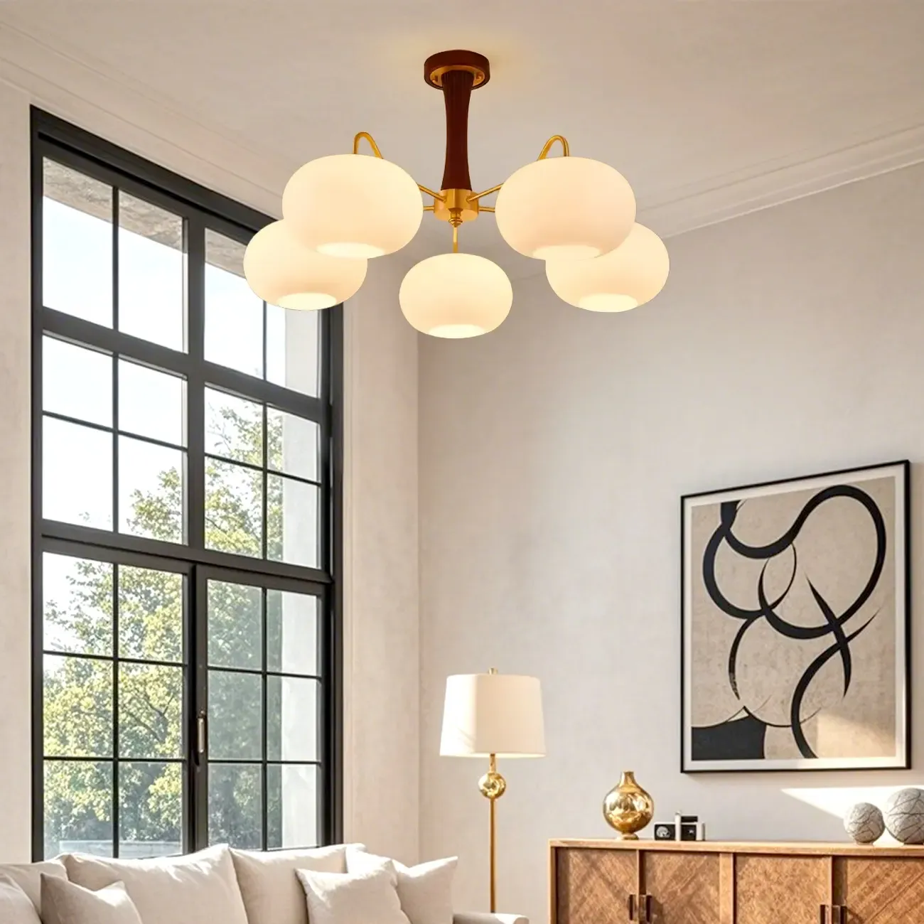 Wooden Semi Flush Mount Light White Glass Drum Shade Image - 1