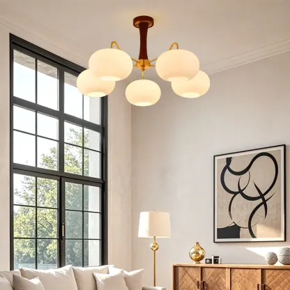 Wooden Semi Flush Mount Light White Glass Drum Shade Image - 1