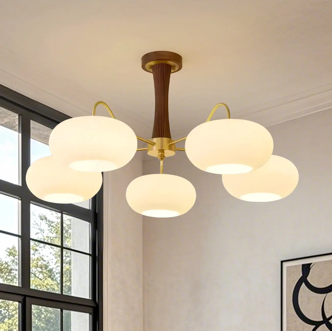 Wooden Semi Flush Mount Light White Glass Drum Shade Image - 18 | homeyfad