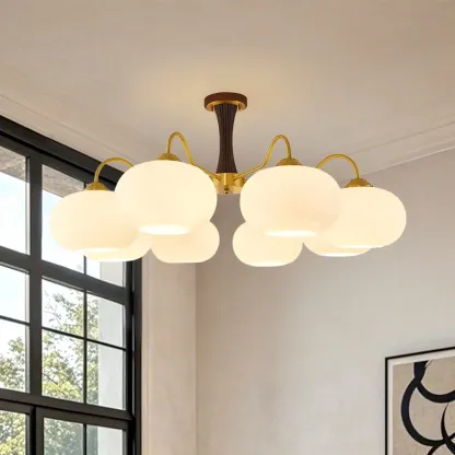 Wooden Semi Flush Mount Light White Glass Drum Shade Image - 19