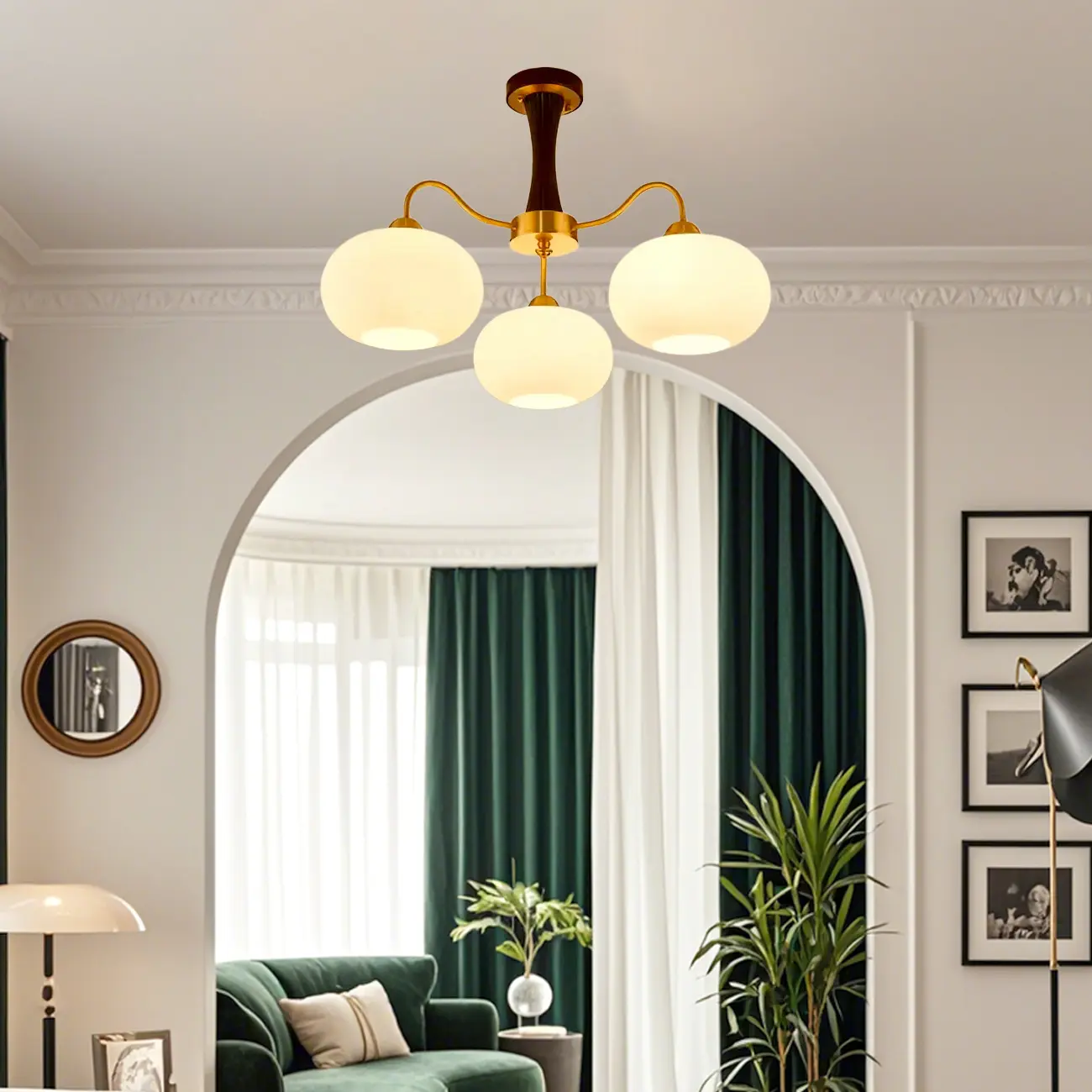 Wooden Semi Flush Mount Light White Glass Drum Shade Image - 7 | homeyfad