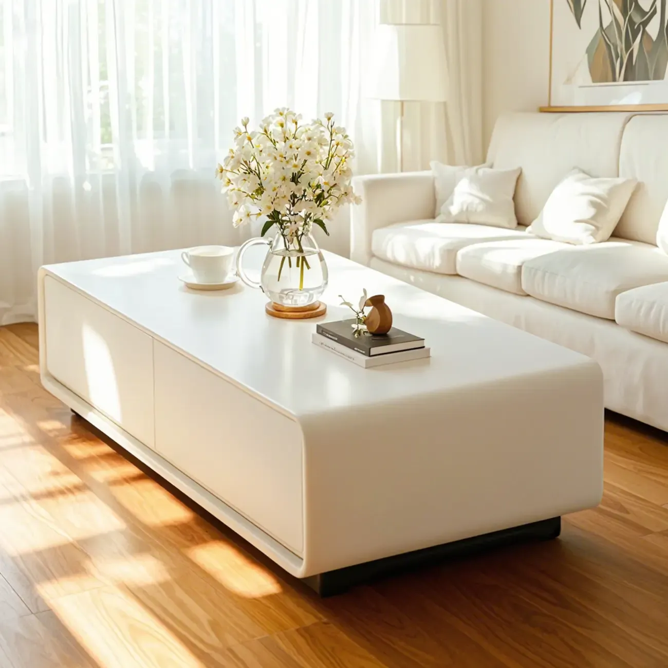 Chic Minimalist Rectangular White Coffee Table with 4 Drawers Image - 1