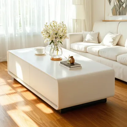 Chic Minimalist Rectangular White Coffee Table with 4 Drawers Image - 1