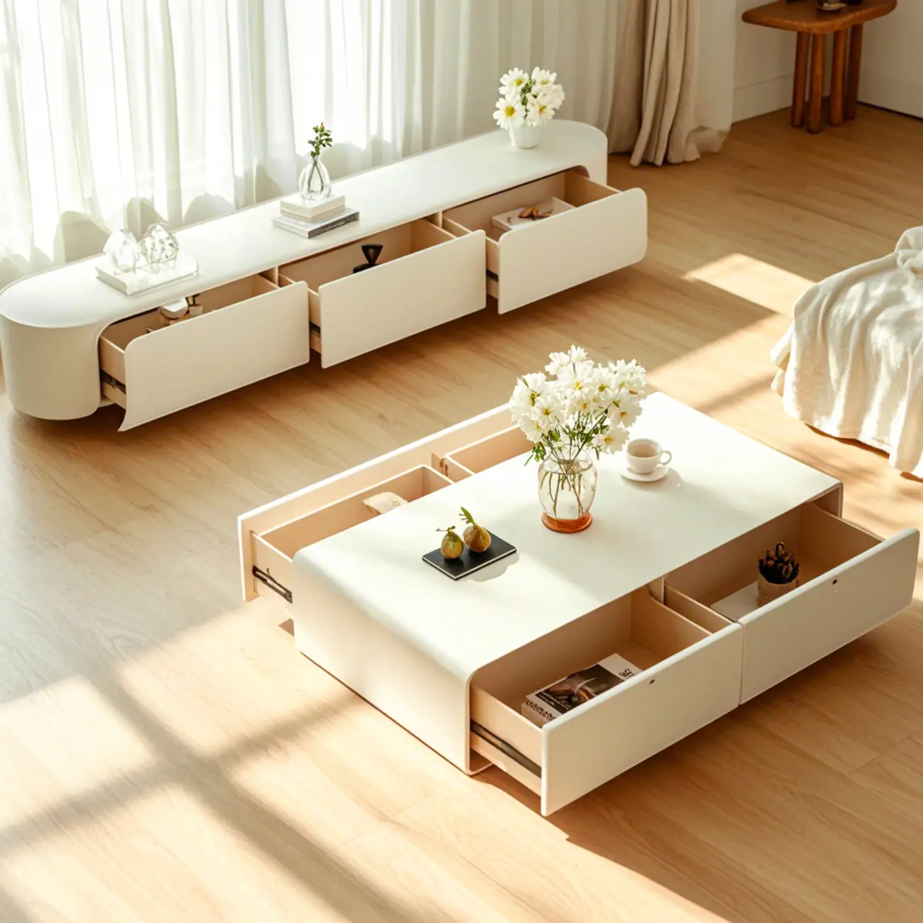 Chic Minimalist Rectangular White Coffee Table with 4 Drawers Image - 3 | homeyfad
