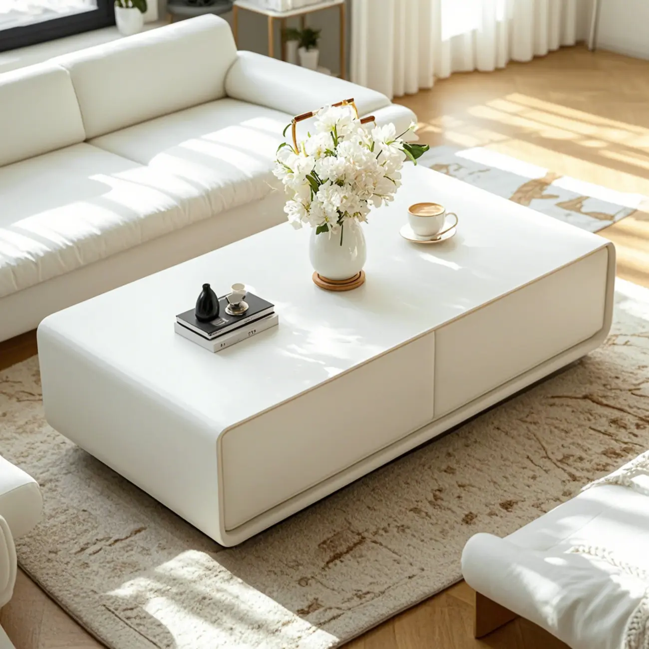 Chic Minimalist Rectangular White Coffee Table with 4 Drawers Image - 4 | homeyfad