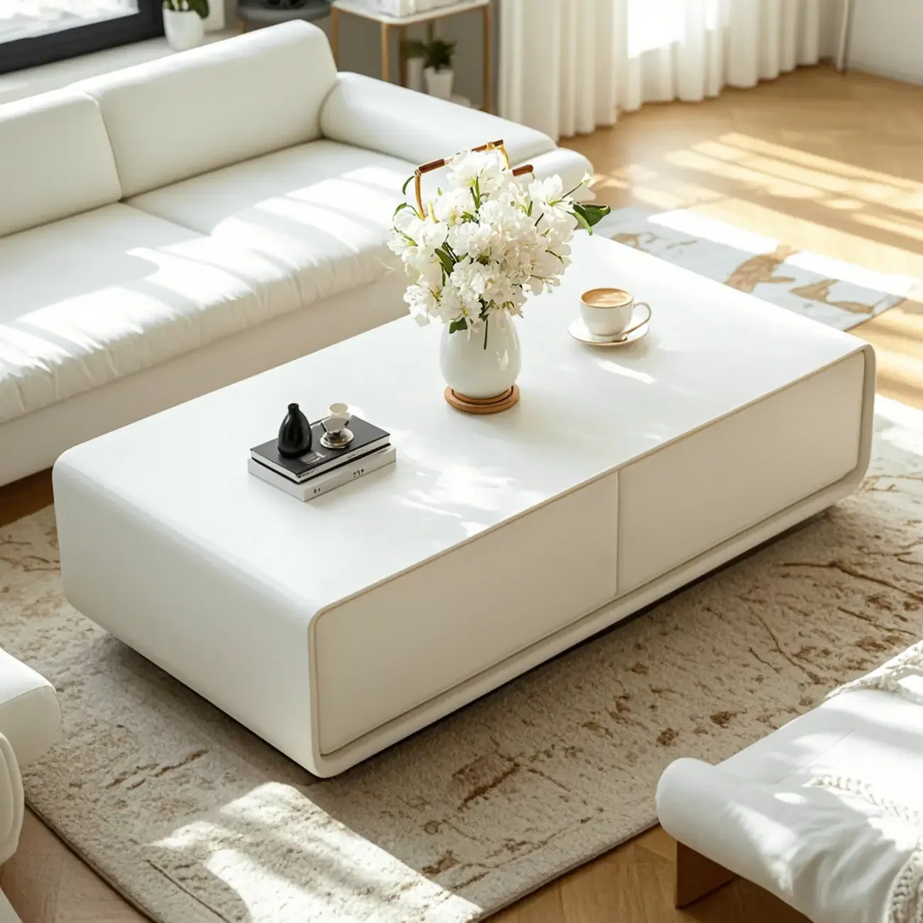Chic Minimalist Rectangular White Coffee Table with 4 Drawers Image - 4
