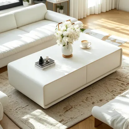 Chic Minimalist Rectangular White Coffee Table with 4 Drawers Image - 4