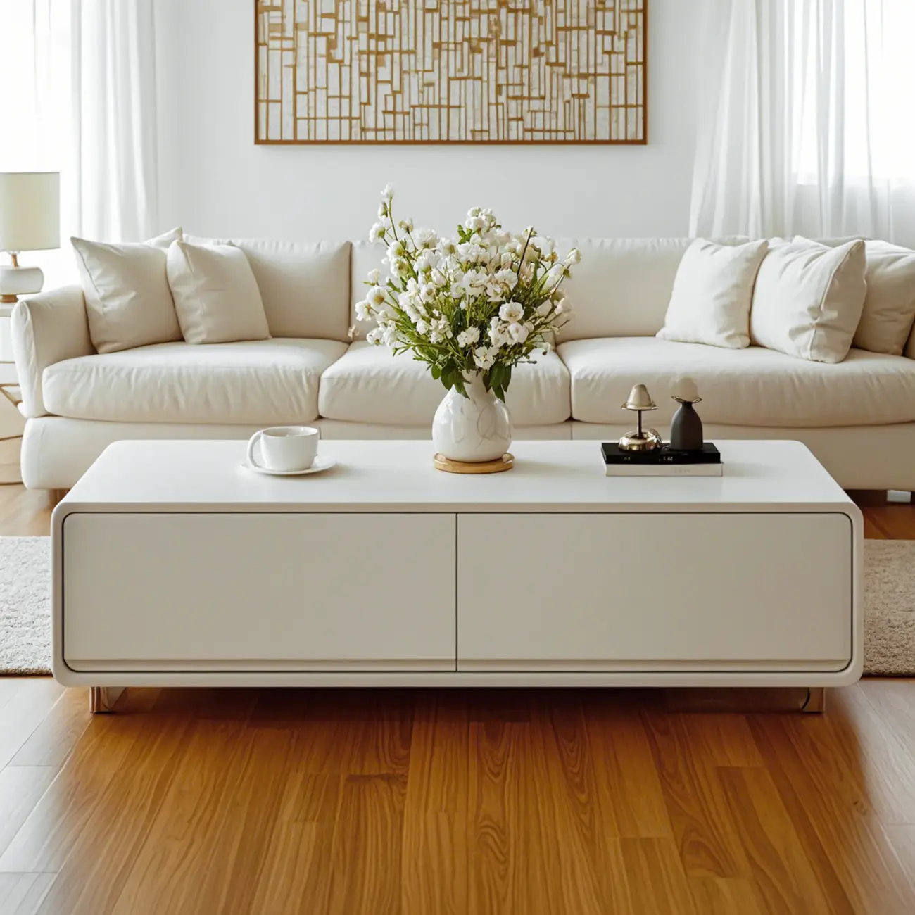 Chic Minimalist Rectangular White Coffee Table with 4 Drawers Image - 5 | homeyfad