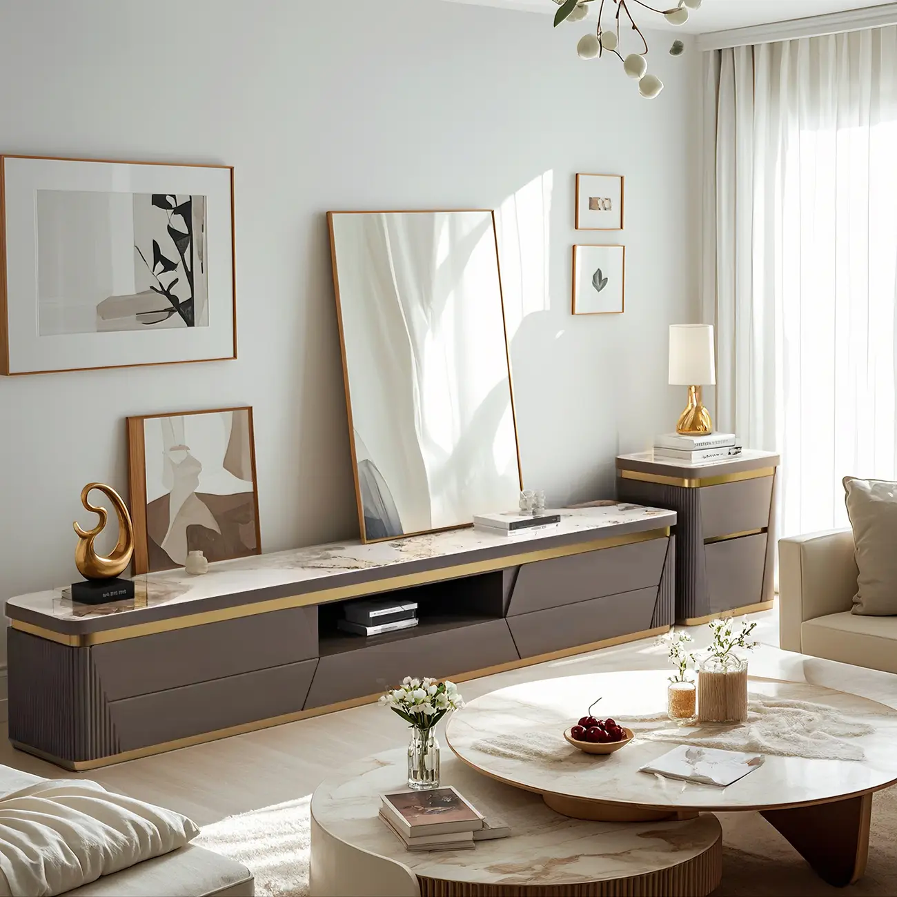 Glam Stone TV Stand with Drawers & Shelves for Living Room Image - 1 | homeyfad