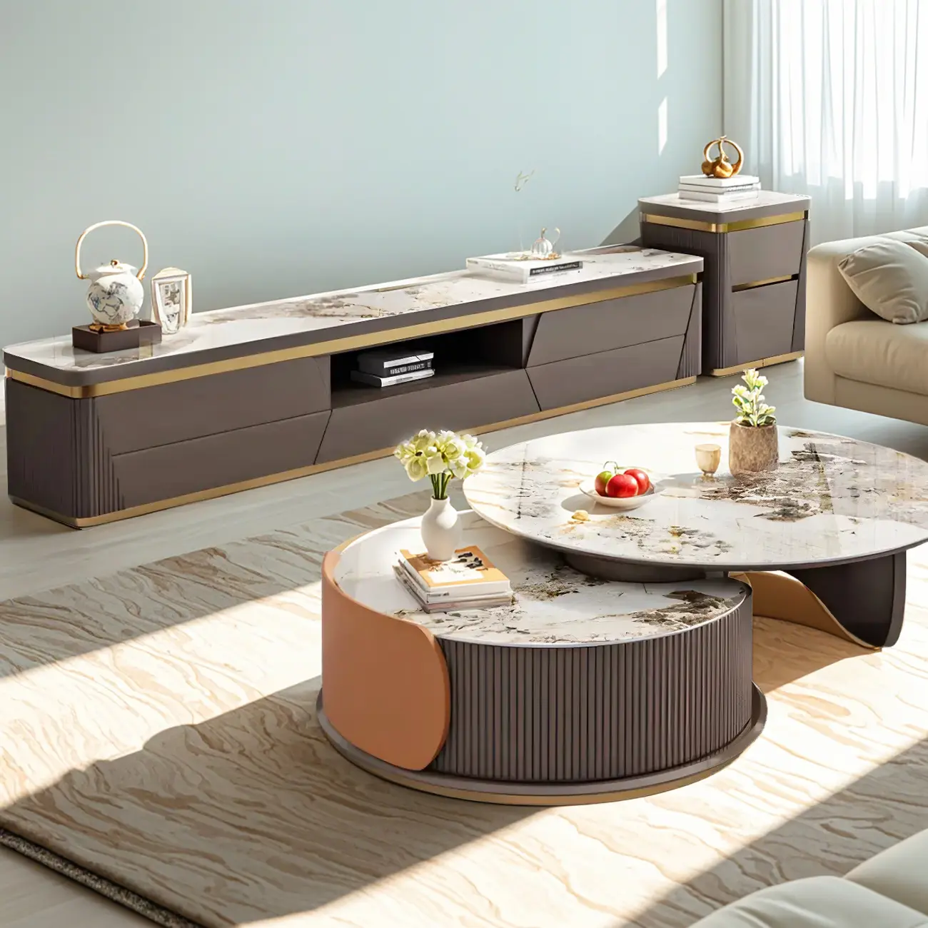 Glam Stone TV Stand with Drawers & Shelves for Living Room Image - 3 | homeyfad