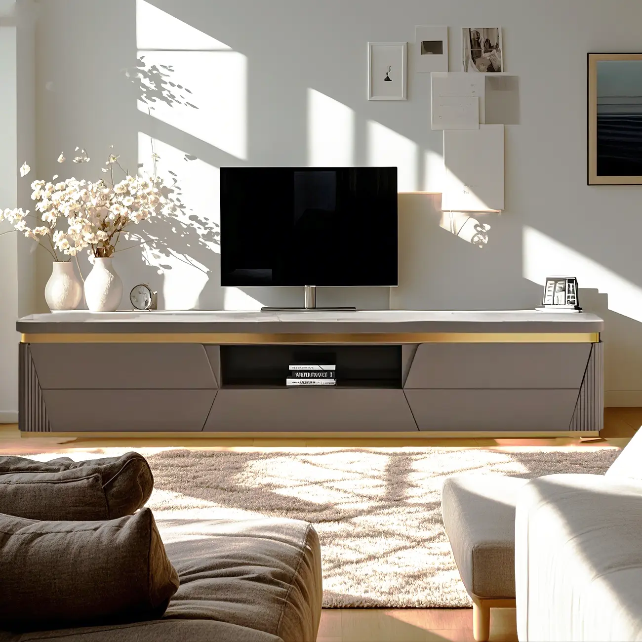 Glam Stone TV Stand with Drawers & Shelves for Living Room Image - 2 | homeyfad