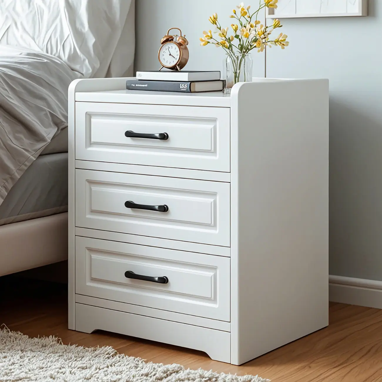 Modern White Wooden Bedside Table with 3 Drawers Image - 1 | homeyfad