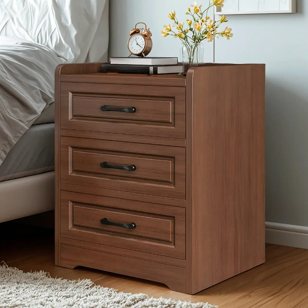 Modern White Wooden Bedside Table with 3 Drawers Image - 6