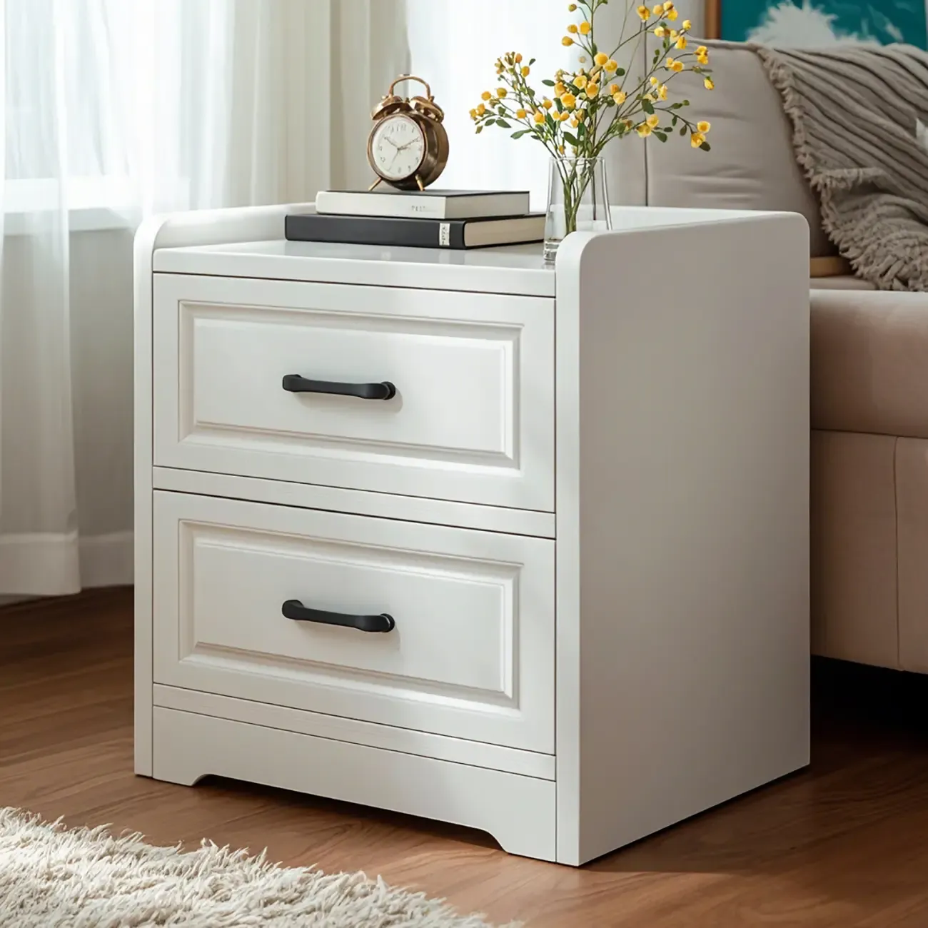 Modern White Wooden Bedside Table with 3 Drawers Image - 2