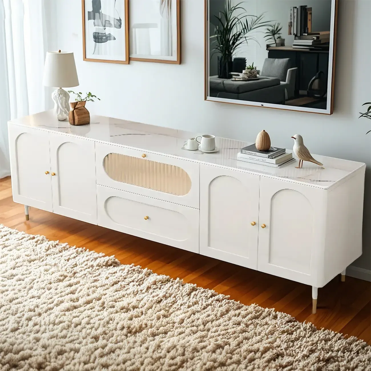 Elegant Stone TV Stand with Cabinets and Flex Shelves for Home Image - 1