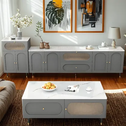 Elegant Stone TV Stand with Cabinets and Flex Shelves for Home Image - 3