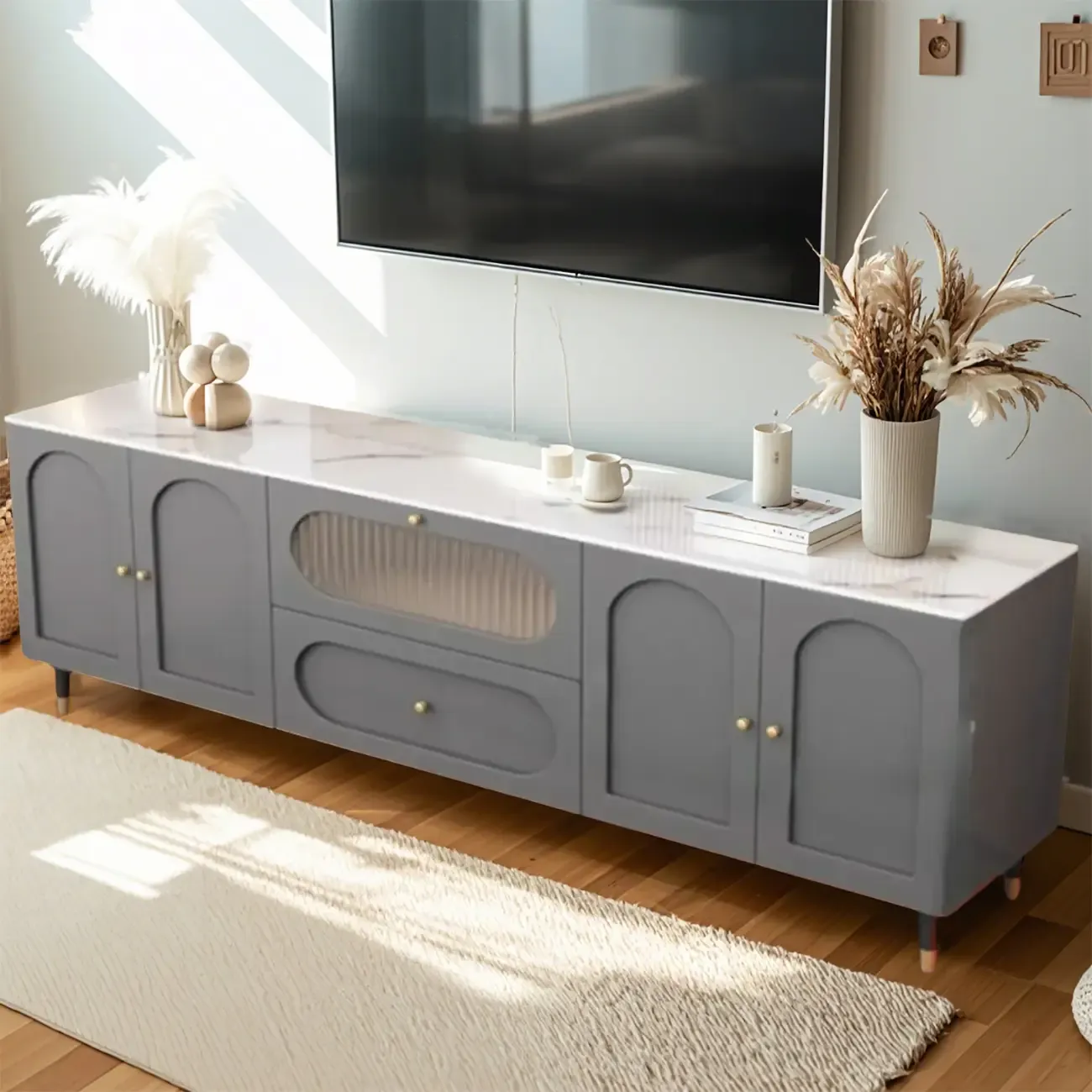 Elegant Stone TV Stand with Cabinets and Flex Shelves for Home Image - 2