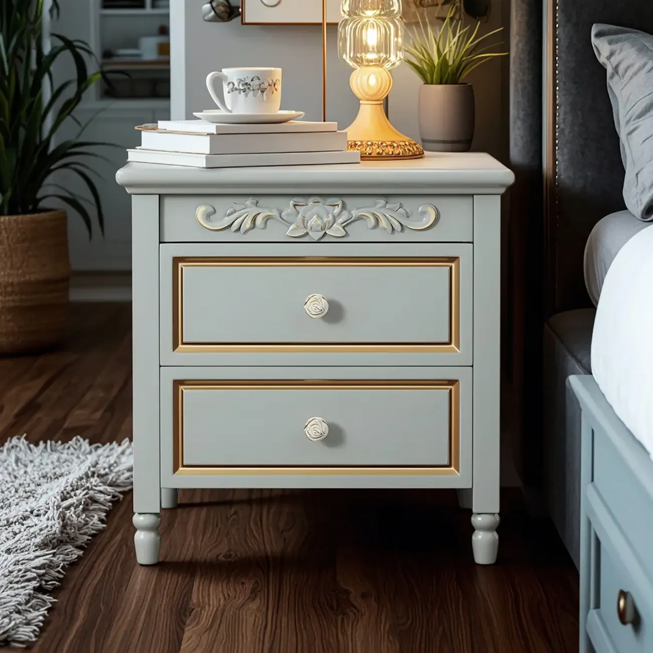 Elegant Grey Wood Nightstand with Storage Drawers Image - 4