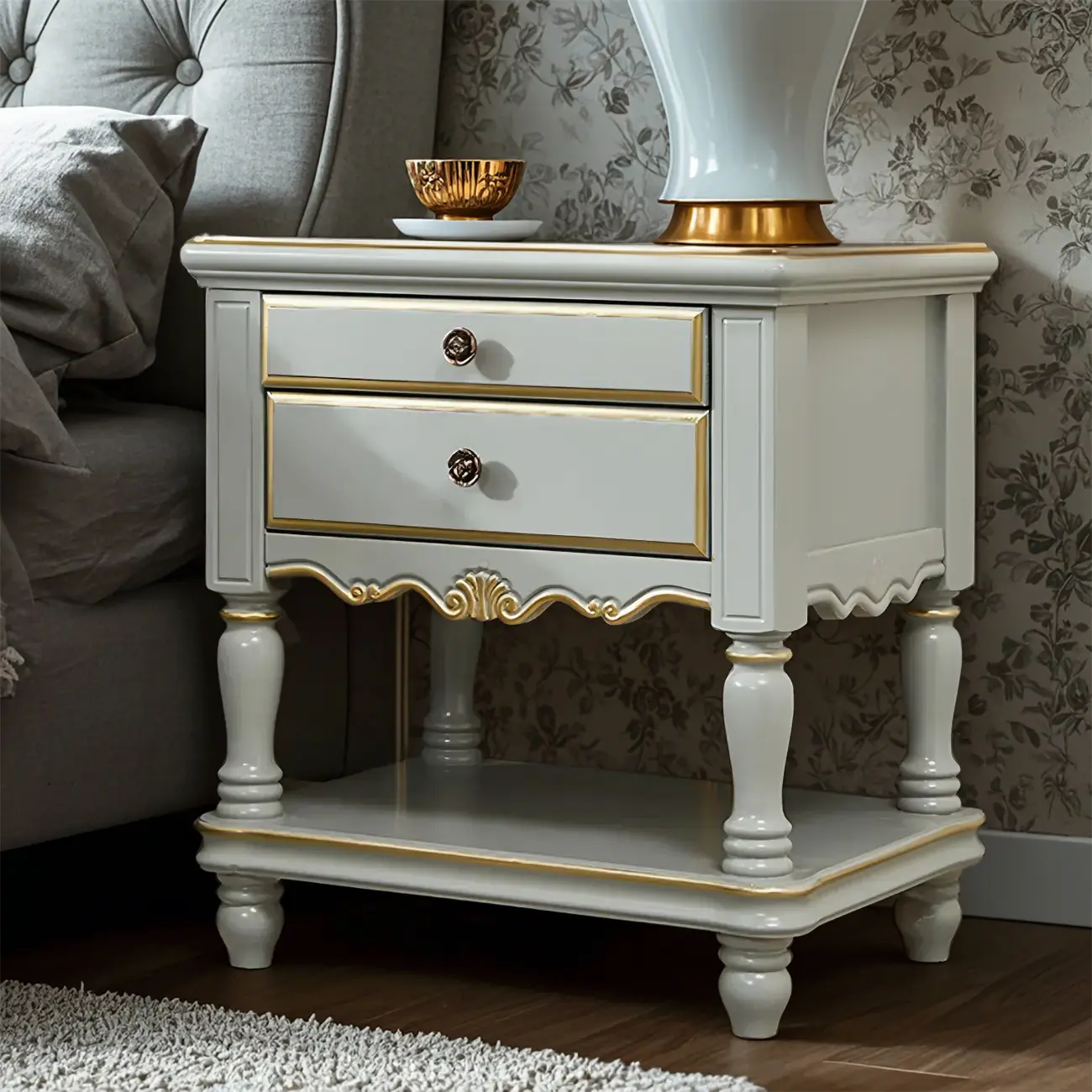 Elegant Grey Wood Nightstand with Storage Drawers Image - 2 | homeyfad