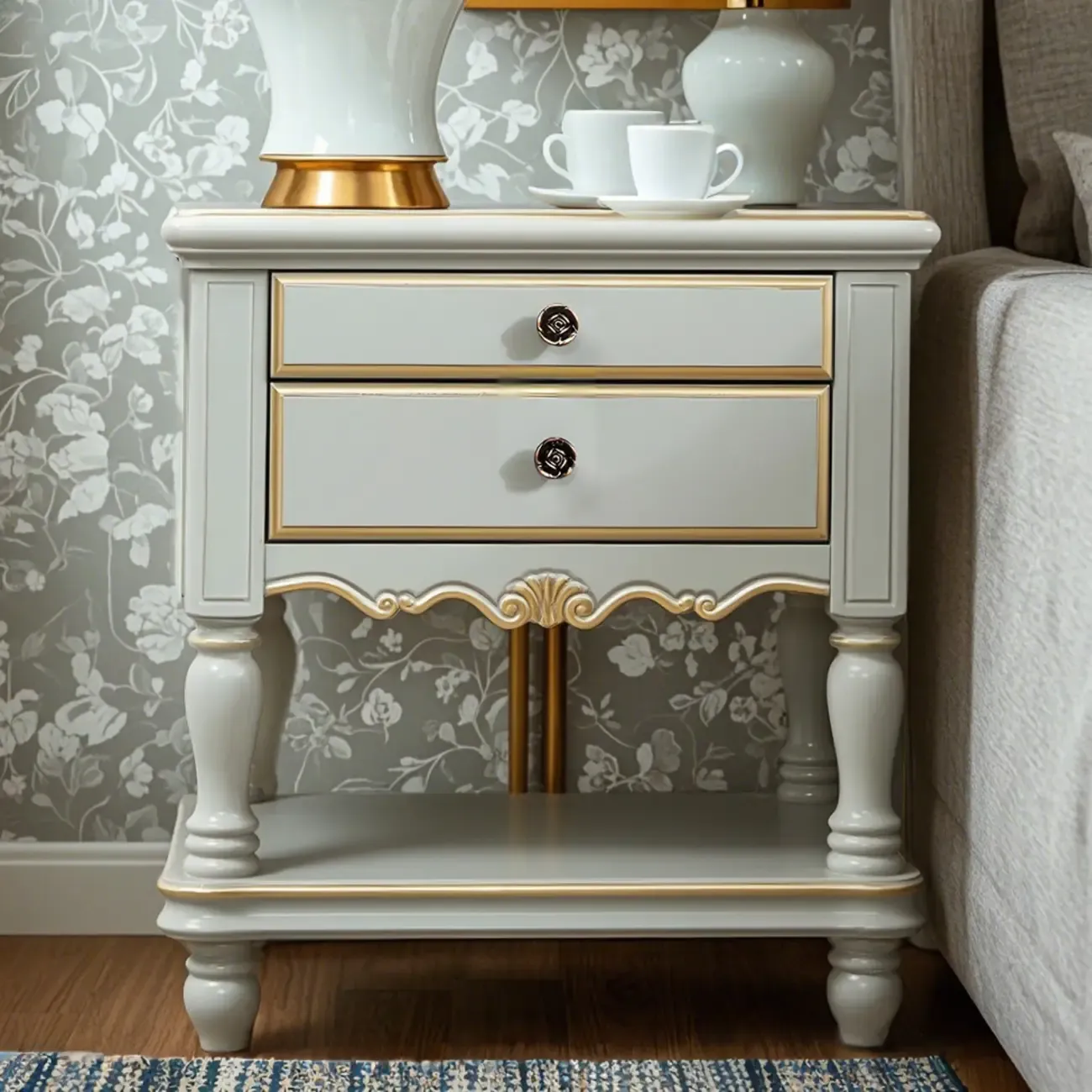 Elegant Grey Wood Nightstand with Storage Drawers Image - 1