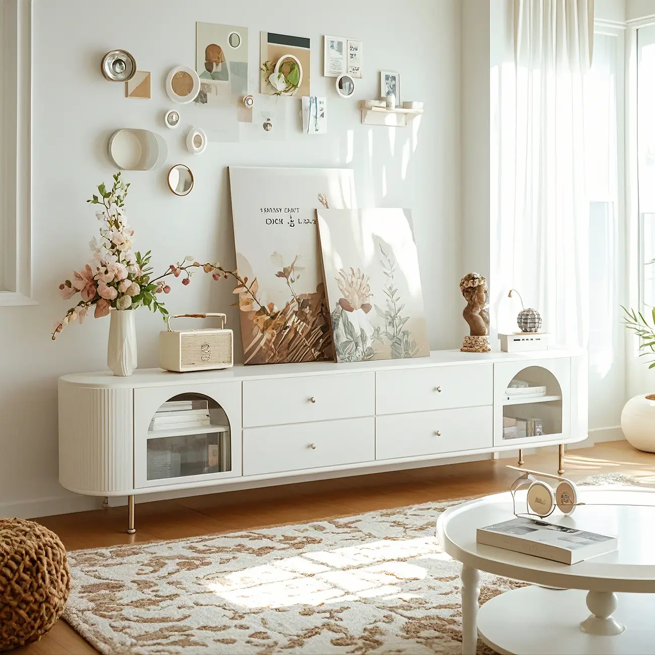 Stylish White Wooden Arched Door TV Stand with Open Storage Image - 1 | homeyfad