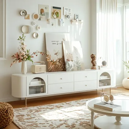 Stylish White Wooden Arched Door TV Stand with Open Storage Image - 1