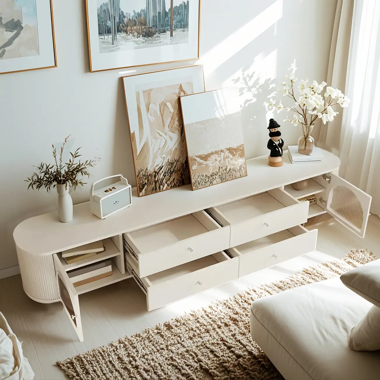 Stylish White Wooden Arched Door TV Stand with Open Storage Image - 3 | homeyfad
