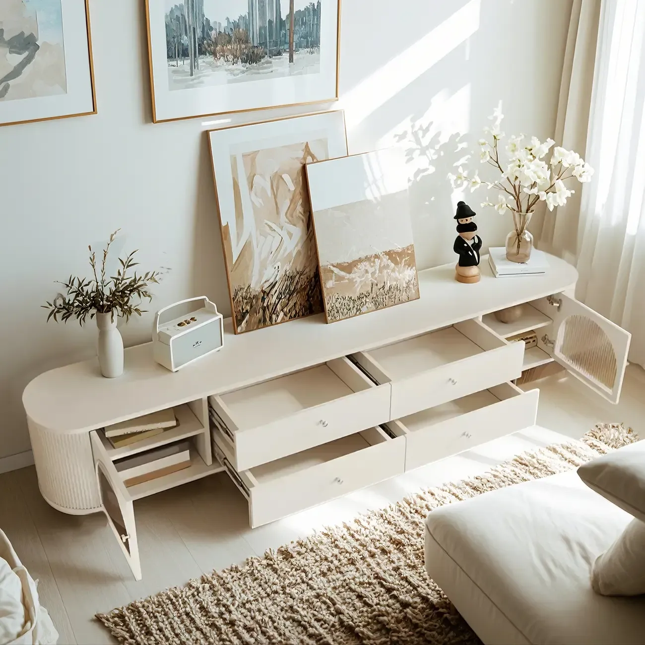 Stylish White Wooden Arched Door TV Stand with Open Storage Image - 3