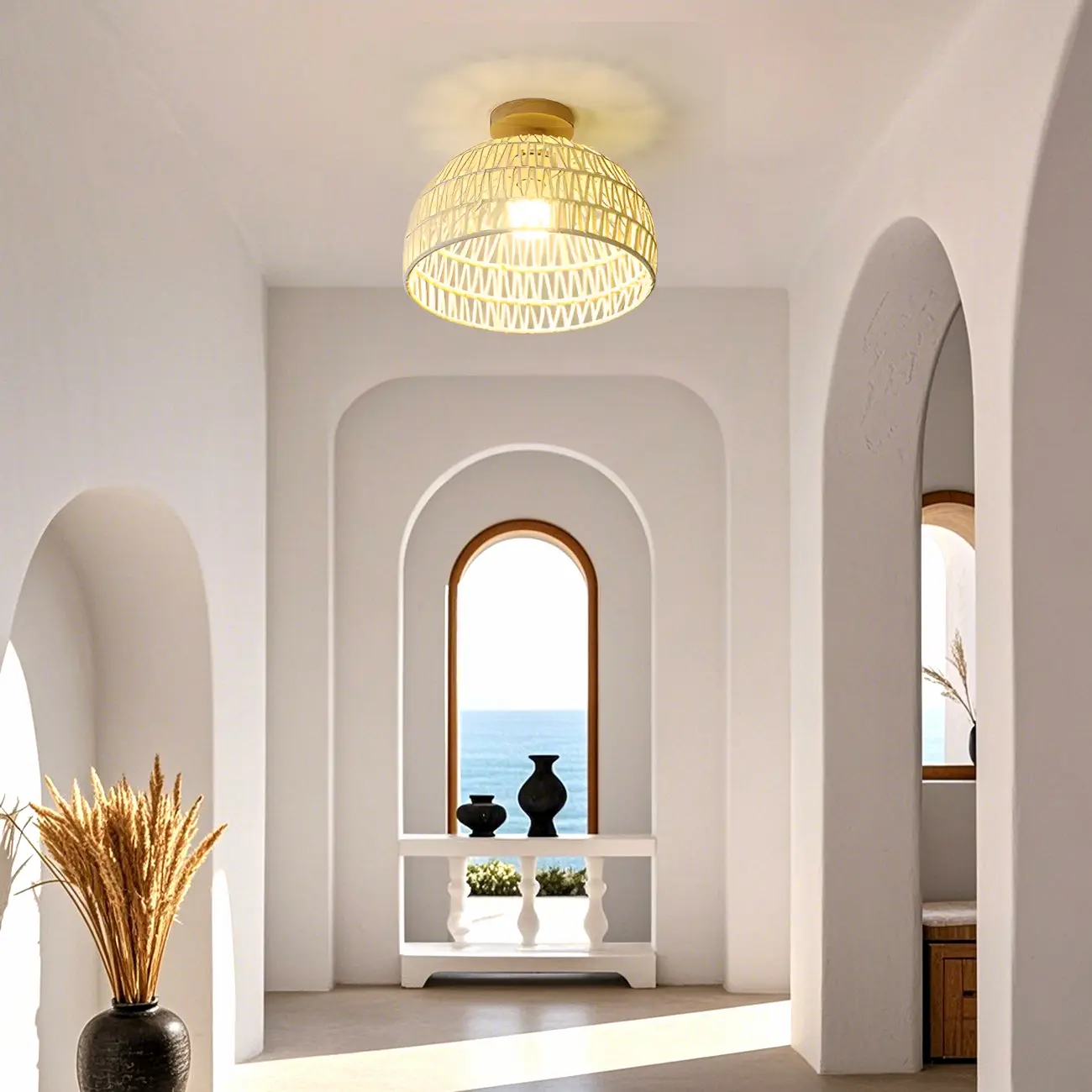 Natural Finish Semi Flush Ceiling Light with Rope Dome Shade Image - 1 | homeyfad