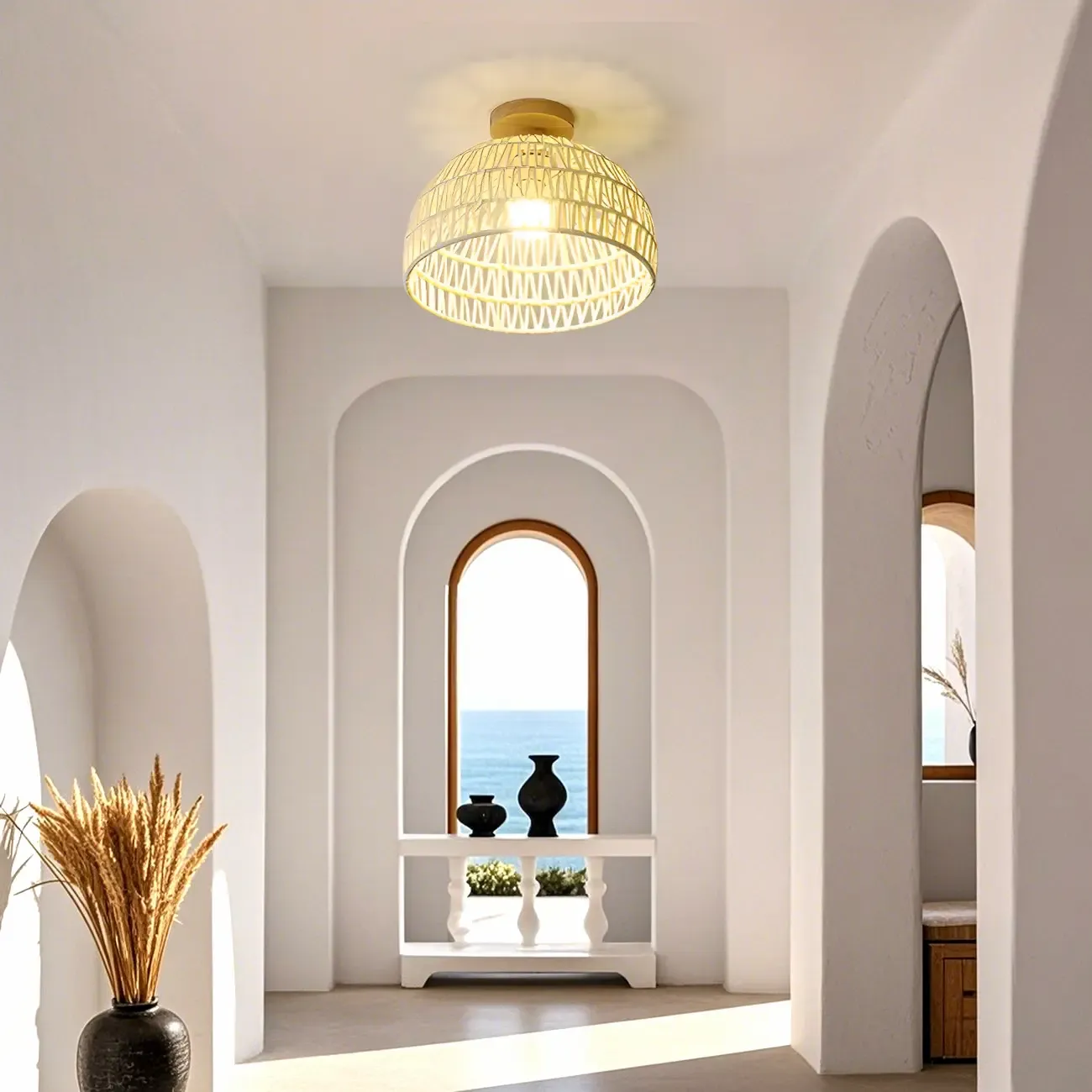 Natural Finish Semi Flush Ceiling Light with Rope Dome Shade Image - 1