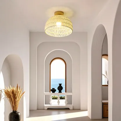 Natural Finish Semi Flush Ceiling Light with Rope Dome Shade Image - 1