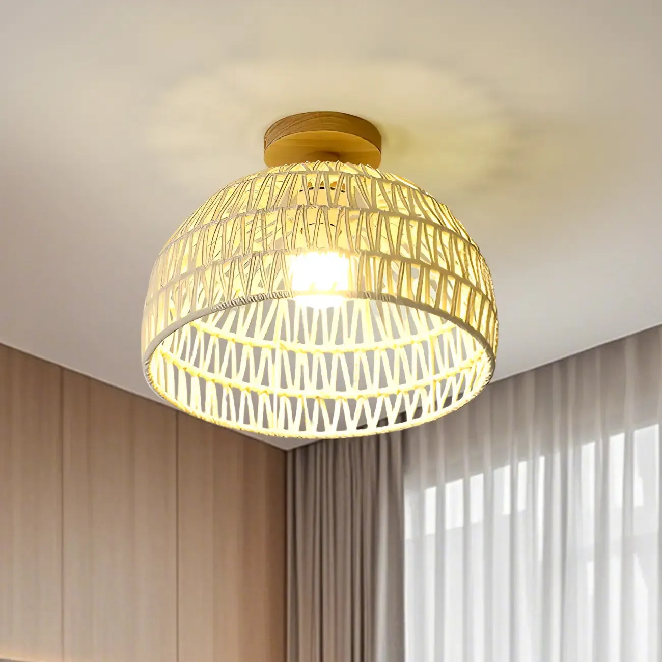 Natural Finish Semi Flush Ceiling Light with Rope Dome Shade Image - 2