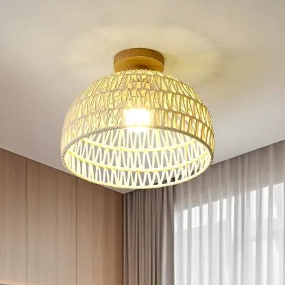 Natural Finish Semi Flush Ceiling Light with Rope Dome Shade Image - 2