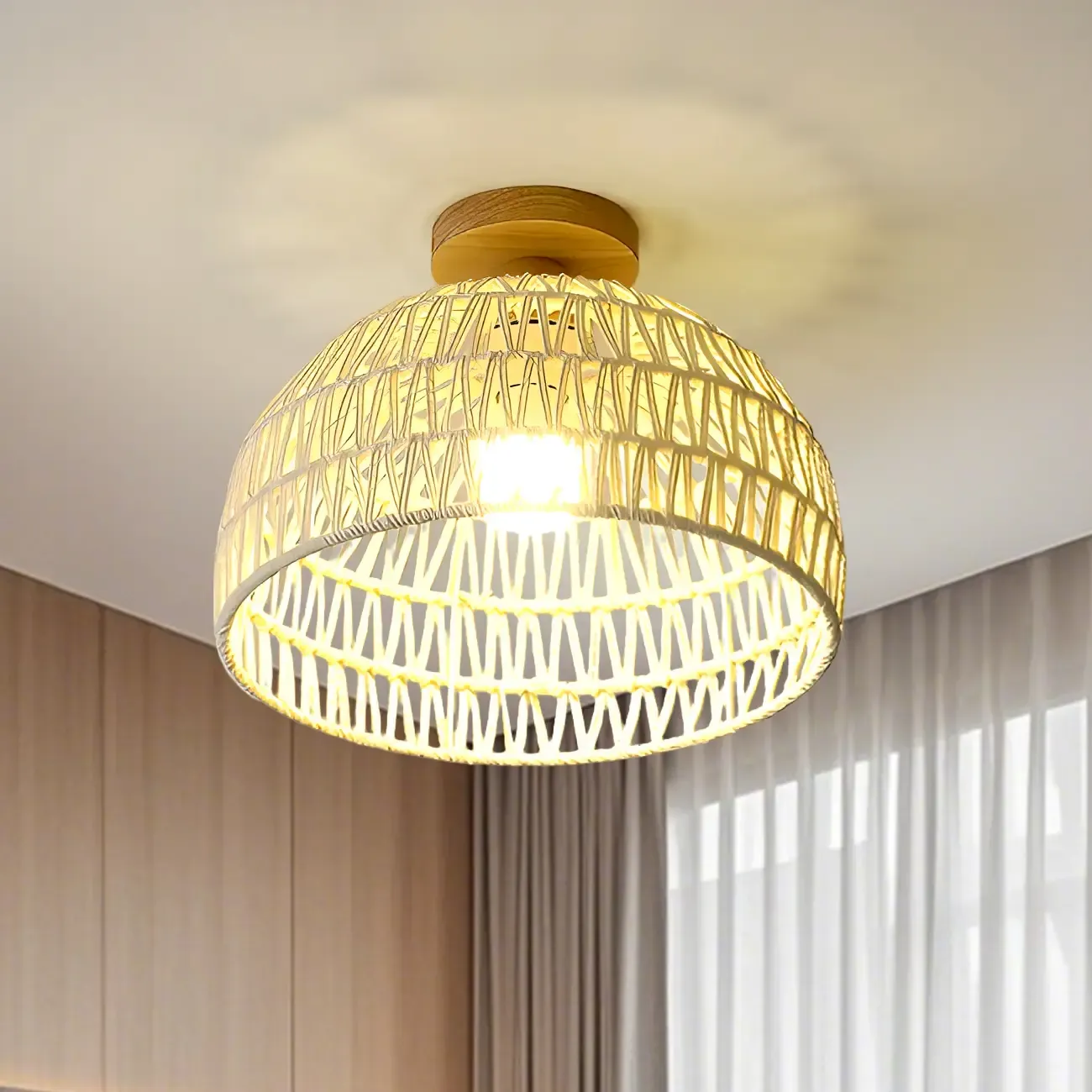 Natural Finish Semi Flush Ceiling Light with Rope Dome Shade Image - 3