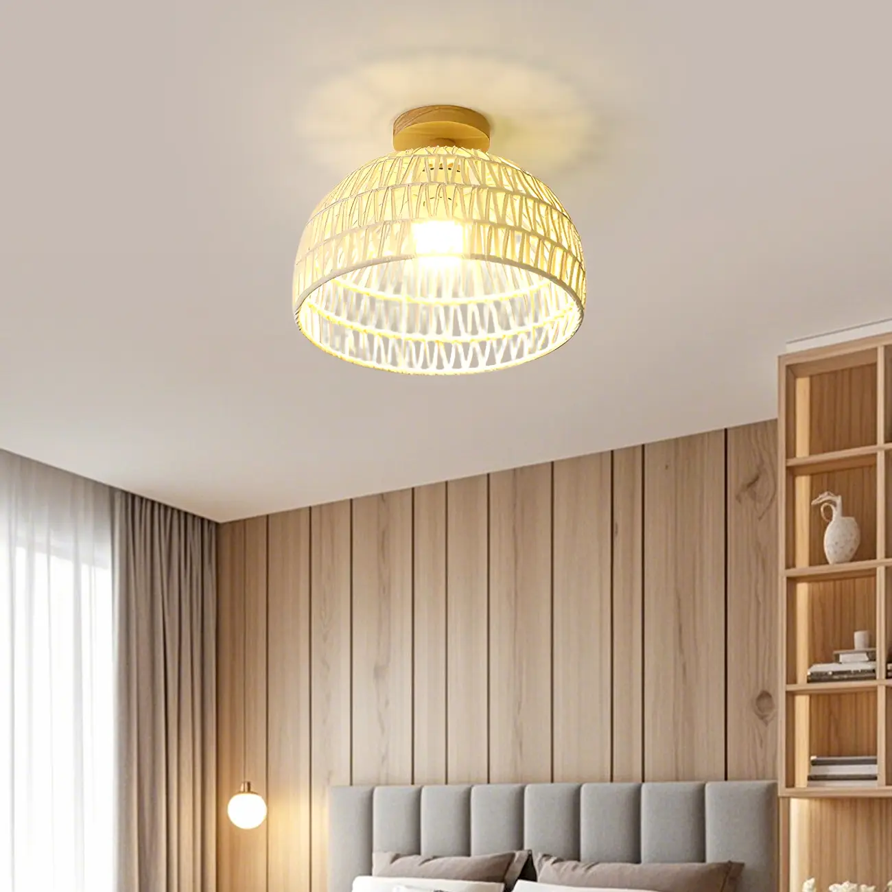 Natural Finish Semi Flush Ceiling Light with Rope Dome Shade Image - 4 | homeyfad