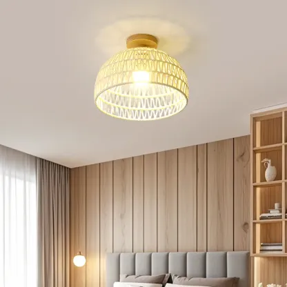Natural Finish Semi Flush Ceiling Light with Rope Dome Shade Image - 4