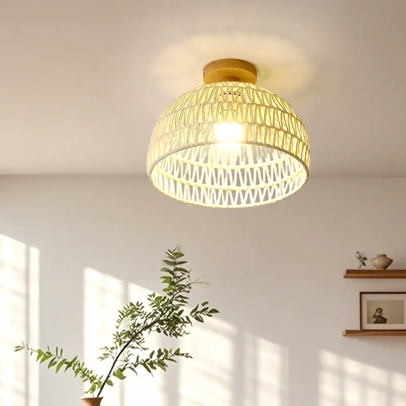 Natural Finish Semi Flush Ceiling Light with Rope Dome Shade Image - 5 | homeyfad