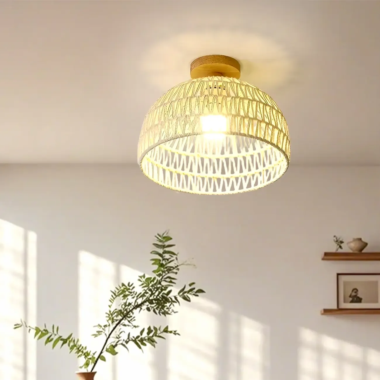 Natural Finish Semi Flush Ceiling Light with Rope Dome Shade Image - 5