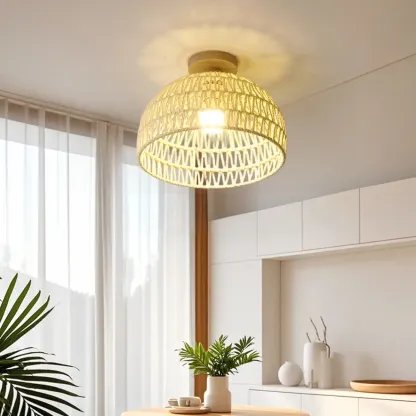 Natural Finish Semi Flush Ceiling Light with Rope Dome Shade Image - 6