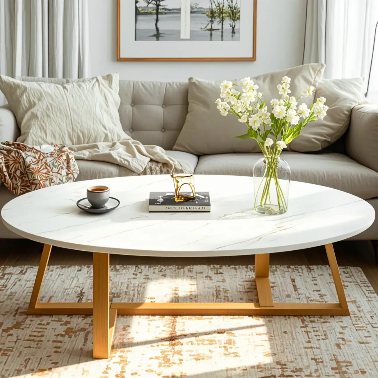Minimalist Oval White Wood Coffee Table for Living Room Decor Image - 4