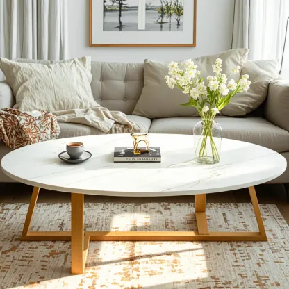 Minimalist Oval White Wood Coffee Table for Living Room Decor Image - 4