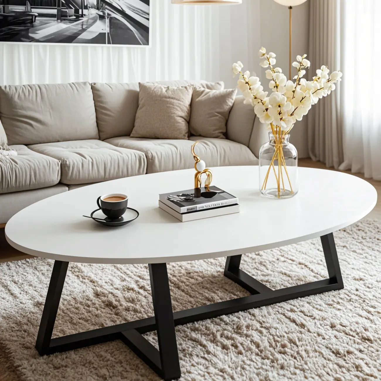 Modern Marble White Oval Coffee Table with Gold Legs Image - 2 | homeyfad