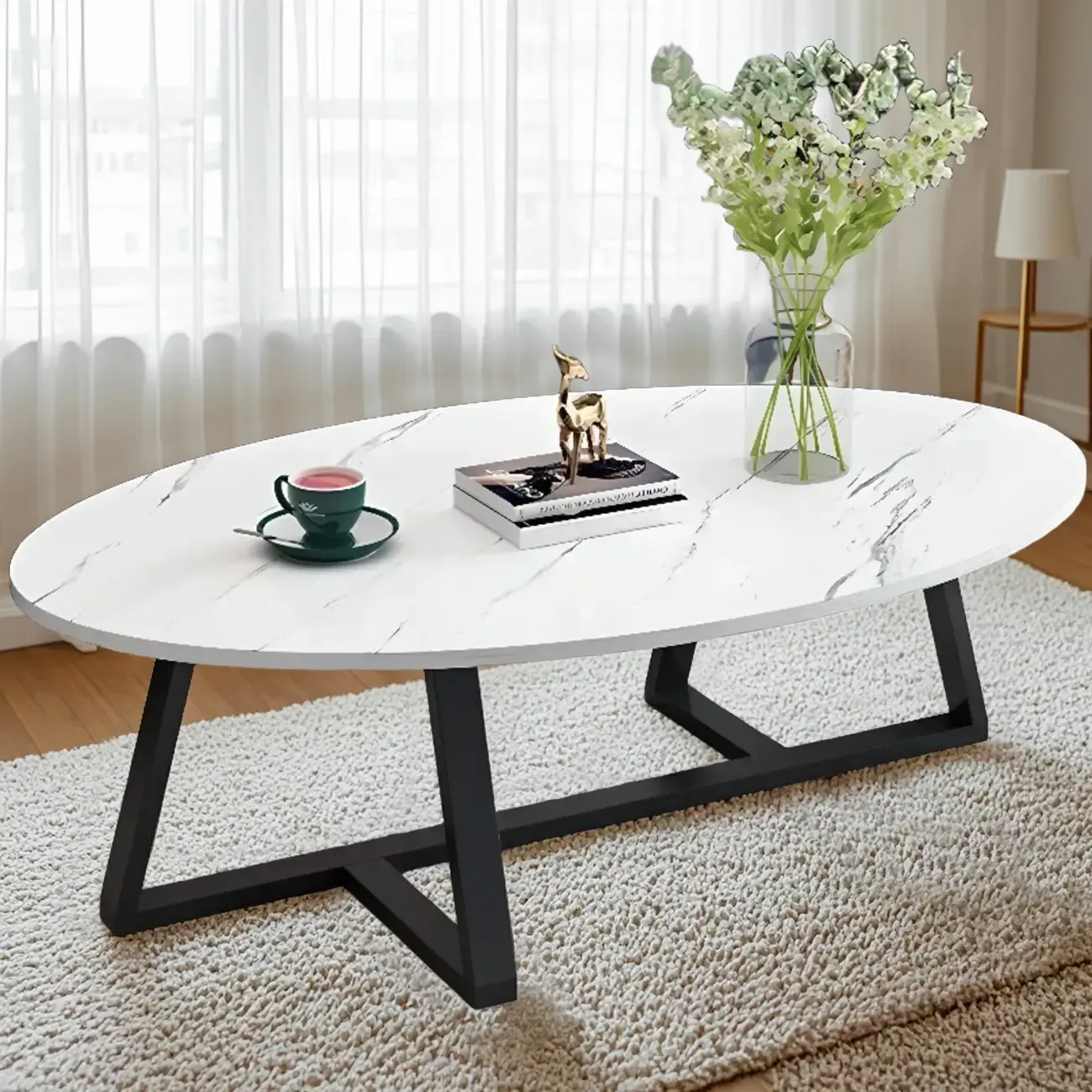 Minimalist Oval White Wood Coffee Table for Living Room Decor Image - 1