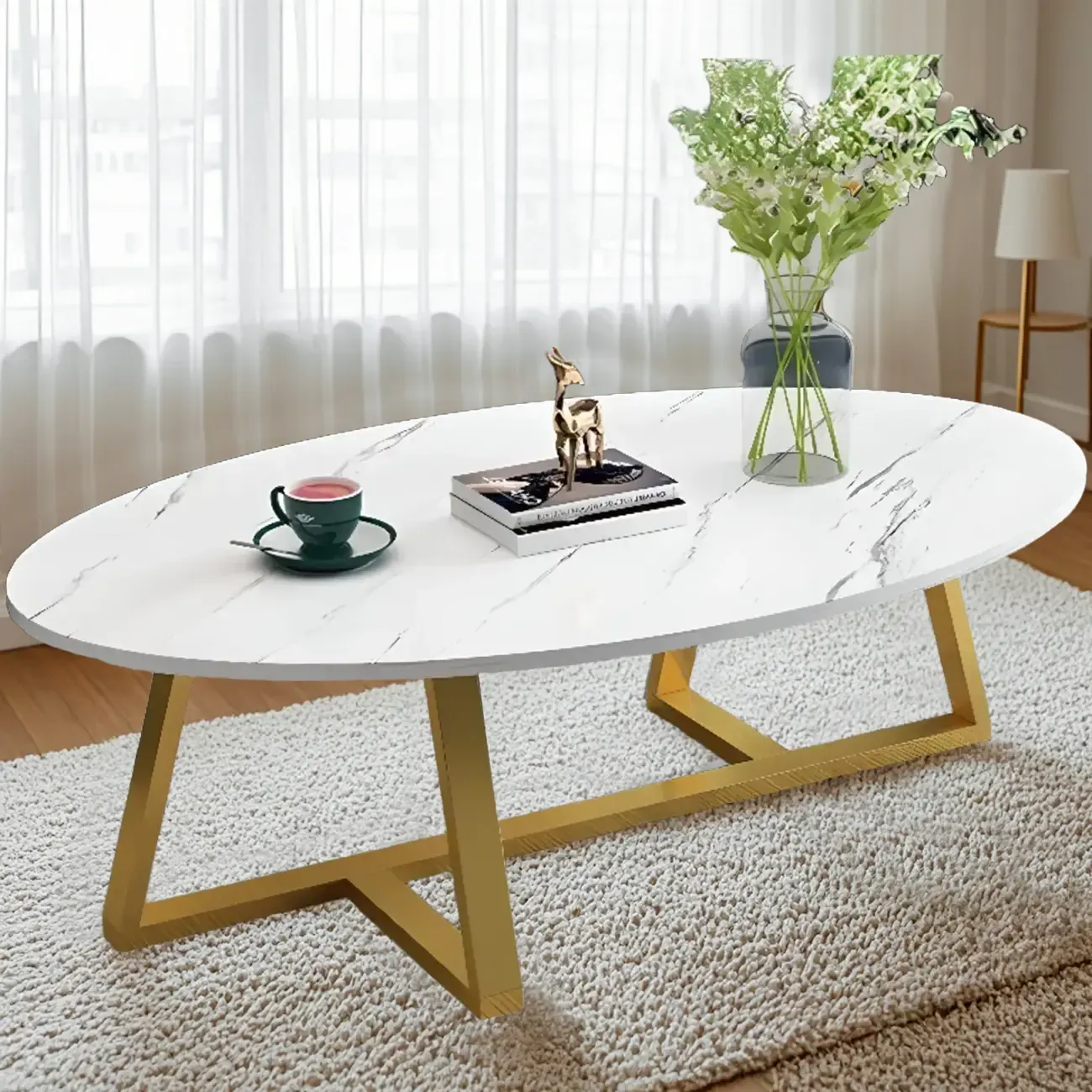 Minimalist Oval White Wood Coffee Table for Living Room Decor Image - 8