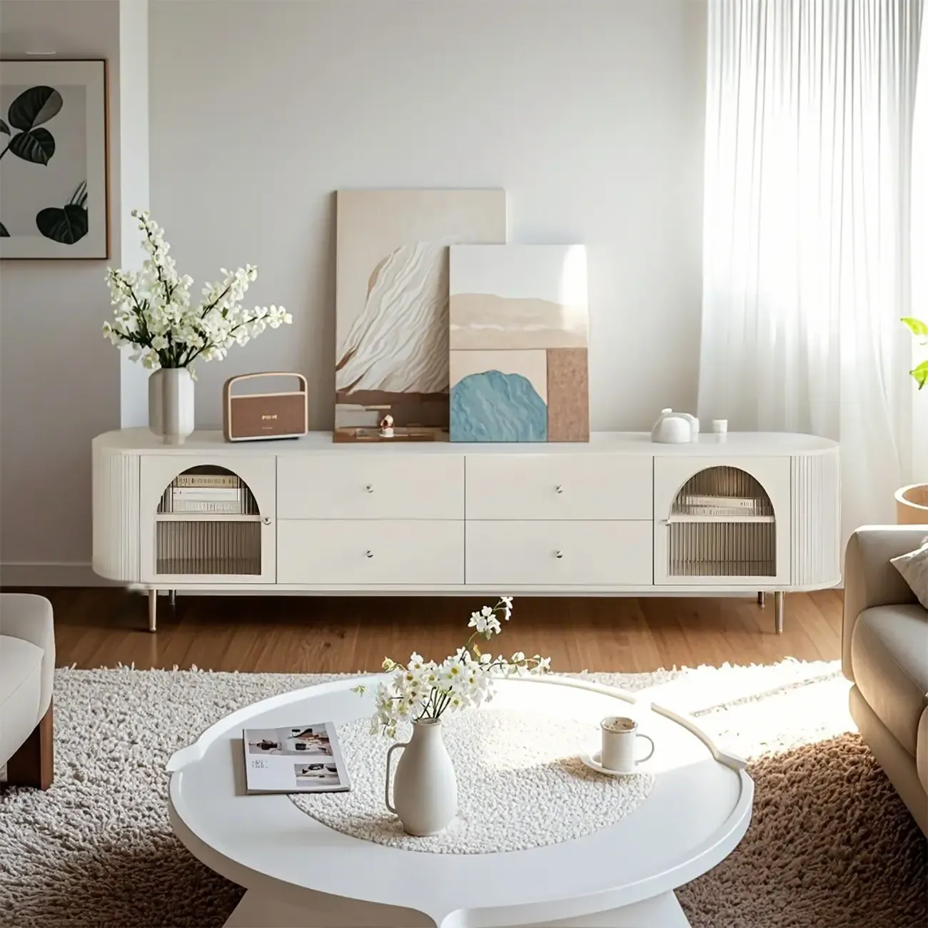 Stylish White Wooden Arched Door TV Stand with Open Storage Image - 2
