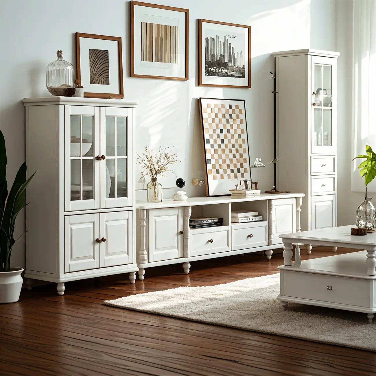 Industrial White Wooden TV Stand with Open Shelving for Home Image - 1 | homeyfad